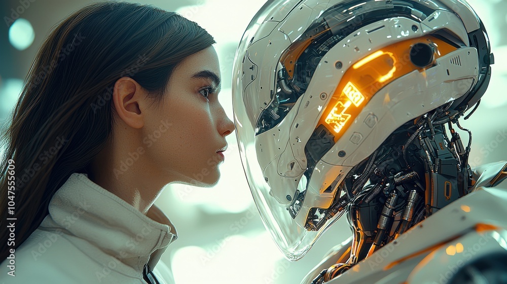 Poster a young woman with illuminated robotic features gazes intently at an advanced humanoid robot in a fu