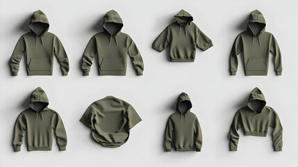 A collection of various hooded sweatshirts in different styles and orientations.