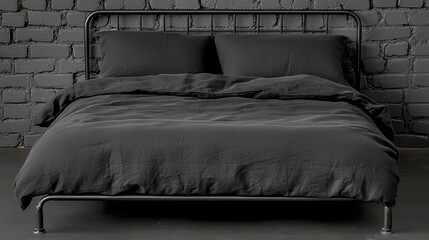 Stylish black bed with soft bedding against a textured gray wall, ideal for modern interior decor inspiration.