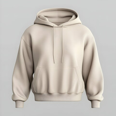 A plain beige hoodie with a front pocket and drawstrings, suitable for casual wear.