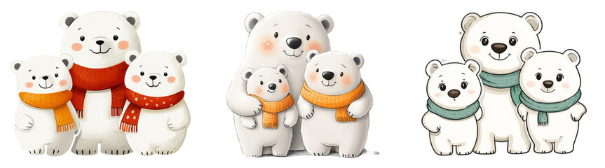 Naklejka premium Polar bears wearing scarves isolated on transparent PNG background perfect for winter-themed designs or holiday cards.