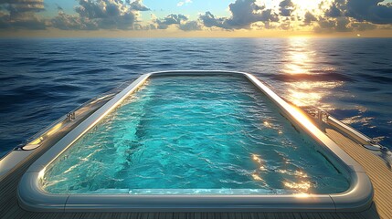 A swimming pool on a boat with a view of the ocean and sunset.