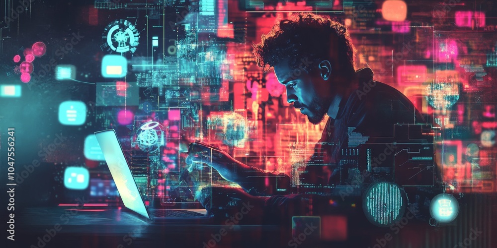 Poster a man is using his laptop, surrounded by technology symbols. the image suggests the power and comple
