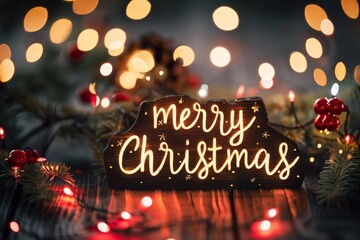 Merry Christmas text decoration on rustic wooden table with pine branches, holly berries, fairy lights bokeh, holiday greeting card