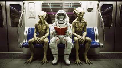 Astronaut Reading Book on Subway with Aliens