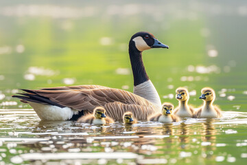 Obraz premium Canada Goose Branta Canadensis family with chicks swimming across lake surface in Spring.