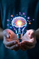 Hands Holding a Glowing Bulb with Creative Ideas