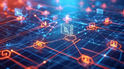 Fototapeta premium Dramatic representation of blockchain technology featuring a digital grid, secure icons, interconnected nodes, symbolizing innovation and security in the digital landscape