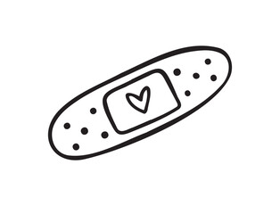 Hand drawn aid band plaster with heart care isolated on white background. doodle outline style