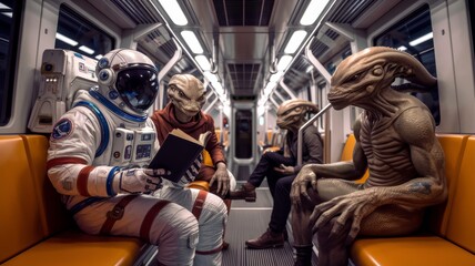 Astronaut Aliens and Humans Riding on a Subway Train