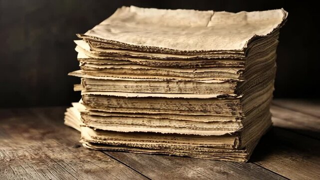 A stack of aged paper sits on a rustic wooden surface