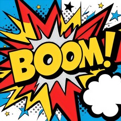 Fototapeta premium Comic Book Style “BOOM!” Graphic with Red and Yellow Burst Pattern. Dynamic and Energetic Pop Art Design