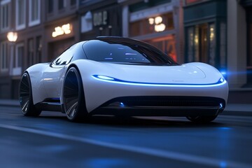 Naklejka premium A futuristic New Yearâ€™s Eve celebration with flying cars, holographic countdowns, and digital fireworks lighting up a cityscape, blending futuristic aesthetics with global traditions, symbolizing