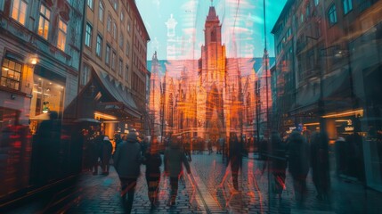 Fototapeta premium Vibrant sunset hues illuminating a mirrored church facade amidst the bustling energy of a city center, creating a captivating interplay of light and architecture.
