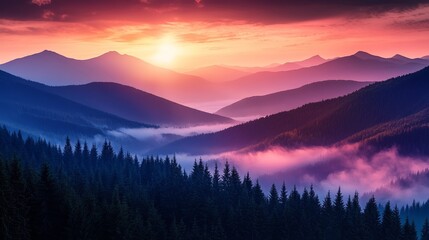 Sunrise over Foggy Mountains with Forest Silhouette and Pink Sky