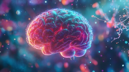 The Human Brain Glowing in Neural Network Concept with Abstract Digital Background