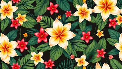 Obraz premium Seamless pattern with Tropical flowers and leaves design. Stylish trendy fashion floral pattern. Floral Texture for fabric isolated with white highlights, png