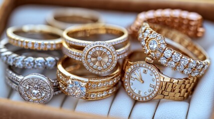 Naklejka premium A collection of luxury diamond rings and watches in a jewelry box.
