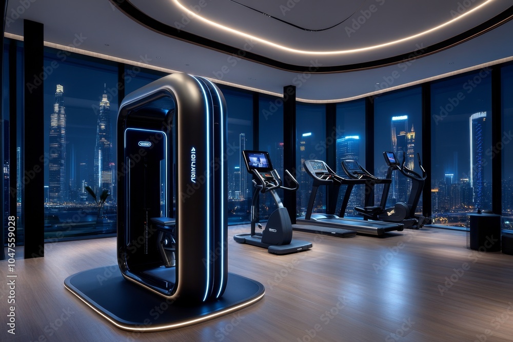 Poster A high-tech gym in a futuristic residential complex with smart exercise machines that adjust automatically to each user, holographic trainers, and a sleek, modern design, showcasing the tech