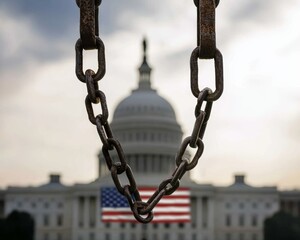 Naklejka premium A close-up of the Capitol dome, with the White House beneath and a set of shackles hanging from a post as the American flag waves in the background.