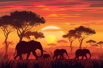 Fototapeta premium Elephants stroll in a family group through the savanna, framed by a stunning sunset that paints the sky in warm hues. Generative AI