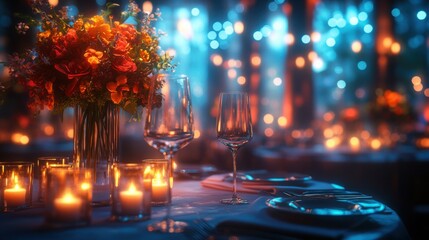 Elegant Corporate Event Venue Featuring Sophisticated Table Setting Ideal for Upscale Gatherings and Corporate Functions