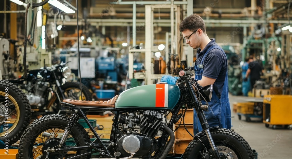 Poster mechanic in workshop building custom motorcycle with precision and care.