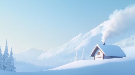 Serene Snow-Covered Cabin in Winter Landscape