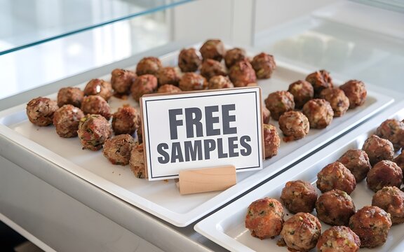 Free sample of meatball on tray. Food marketing and promotion