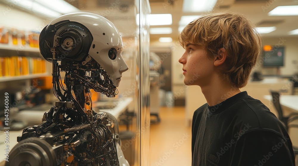 Poster a young boy interacts with a humanoid robot in a high-tech lab during the afternoon, exploring the f
