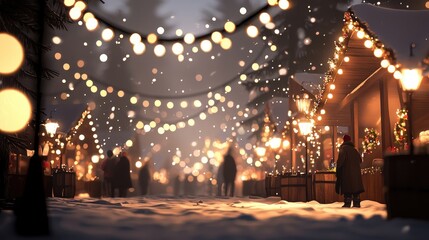 Twinkling Winter Market with Falling Snow