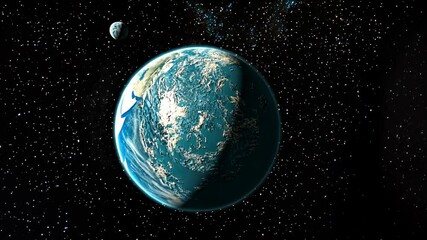 A blue planet hangs in space, surrounded by countless stars, a smaller, gray moon to the left