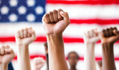 A group of Black youth raising their fists in solidarity, with the American flag in the background, representing a stand against racism and discrimination.