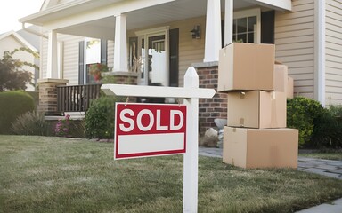 Sold sign in front of house. Real estate purchase and home buying