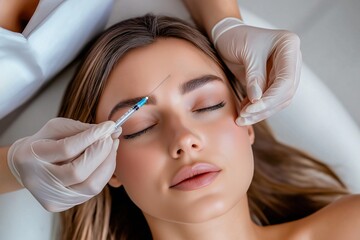 Fototapeta premium Cosmetologist surgery woman having beauty injection on forehead with fillers.