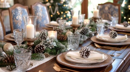 Festive holiday table arrangement, featuring snow-dusted pinecones, soft glowing candles, inviting ambiance, perfect for seasonal gatherings and celebrations