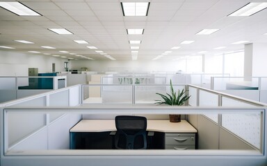 Fototapeta premium Empty office cubicle with chair. Workplace and corporate environment