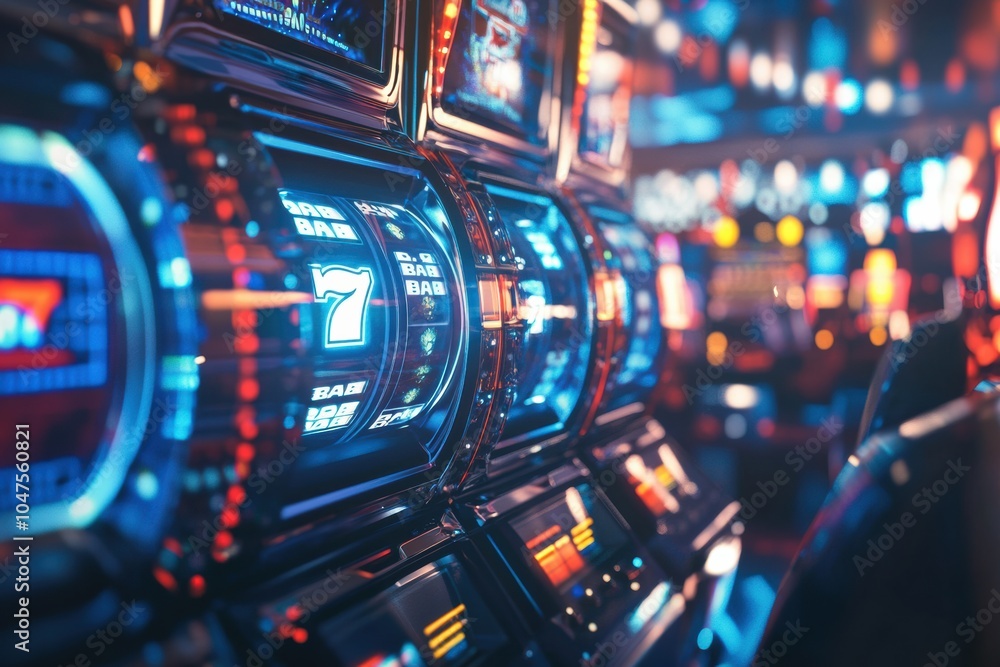 Aufkleber bright lights illuminate a row of advanced slot machines as the reels spin, showcasing a central jac