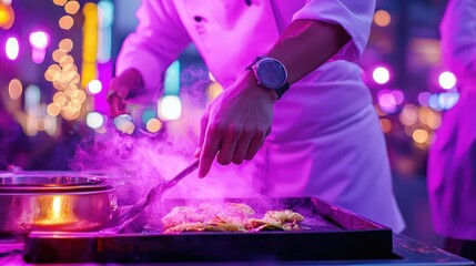 Capturing the essence of culinary artistry a chef in action amidst vibrant city lights and aromatic flavors
