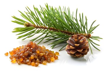 pine tree leaves branch with resin on white background