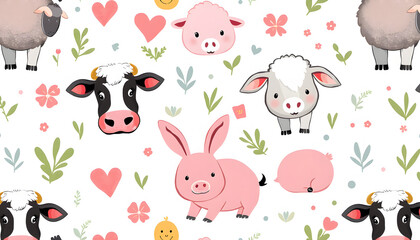 Seamless pattern with farm (domestic) animal - cow, sheep, pig and rabbit on white background. Cute print with colored graphic elements for textile, fabric, wrapping paper, scrapbooking, web design 
