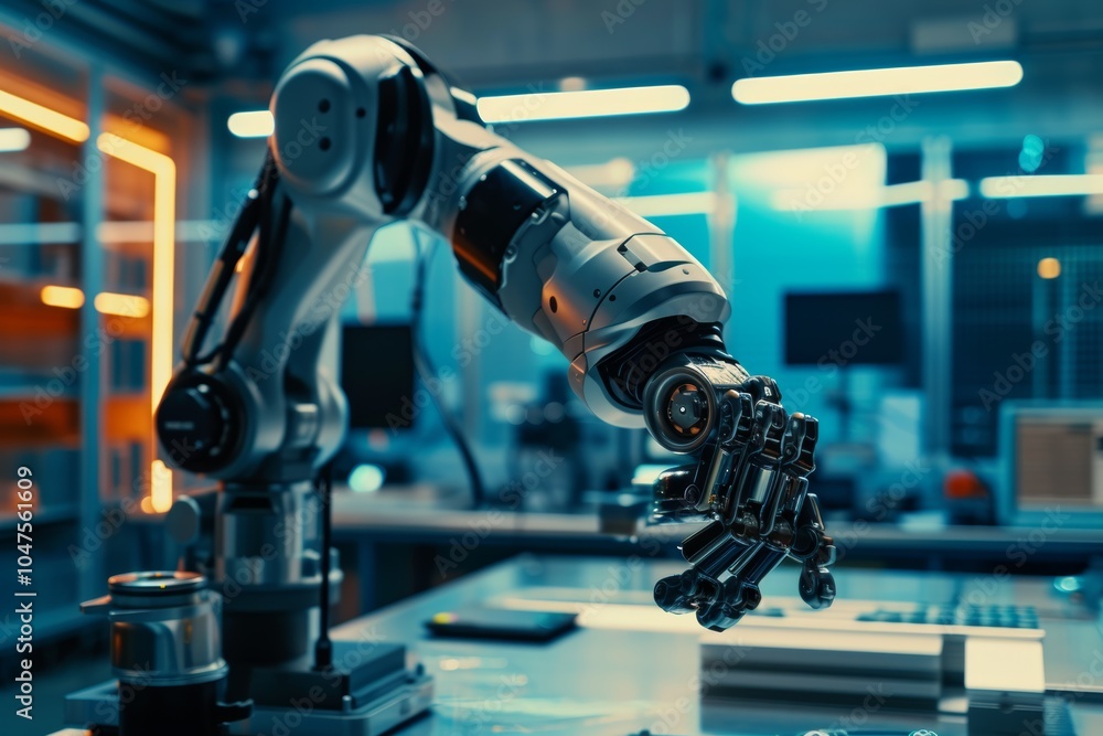 Poster a sleek robotic arm operates in a high-tech lab, demonstrating precision with intricate movements