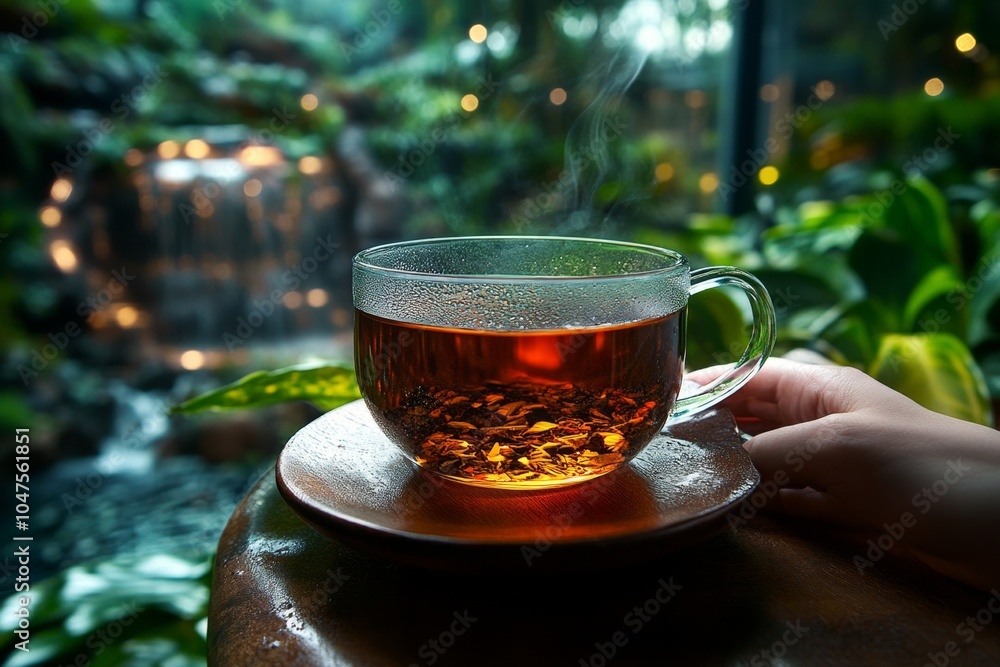 Poster a person reading a book in a cozy cafã©, with a cup of tea on the table and soft light streaming thr