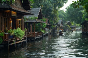 Fototapeta premium Traditional Riverside Houses in Thailand Along Canal.