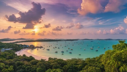 Sailing at sunset on a tropical coast