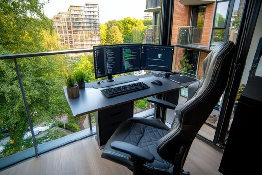 A person working from home in a stylish apartment, with a well-designed workspace and modern furniture, showing the adaptation of apartments for remote work
