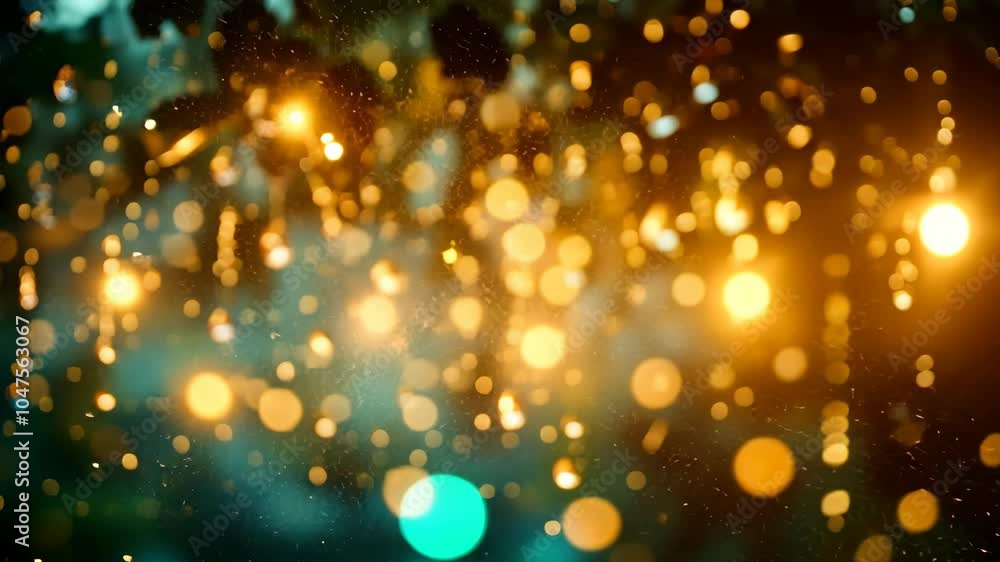 Poster golden and turquoise lights create a mesmerizing bokeh effect against a dark background