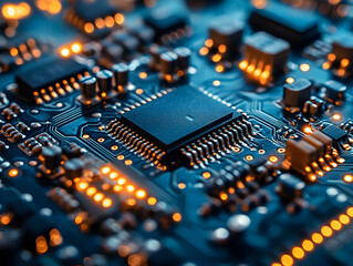 Obraz premium Close Up of Microchip on Circuit Board with Modern Electronics and LED Lights