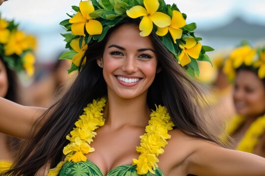 A traditional Hawaiian luau with people dancing the hula, a pig roasting in the ground, and guests enjoying tropical food and drinks, symbolizing the hospitality and culture of Hawaii