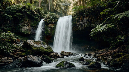 Hidden waterfall in the forest, with soft light and tranquil atmosphere, 16:9 proportion. Great for inspiring content, wallpapers, and screen savers. Created in Leonardo AI.